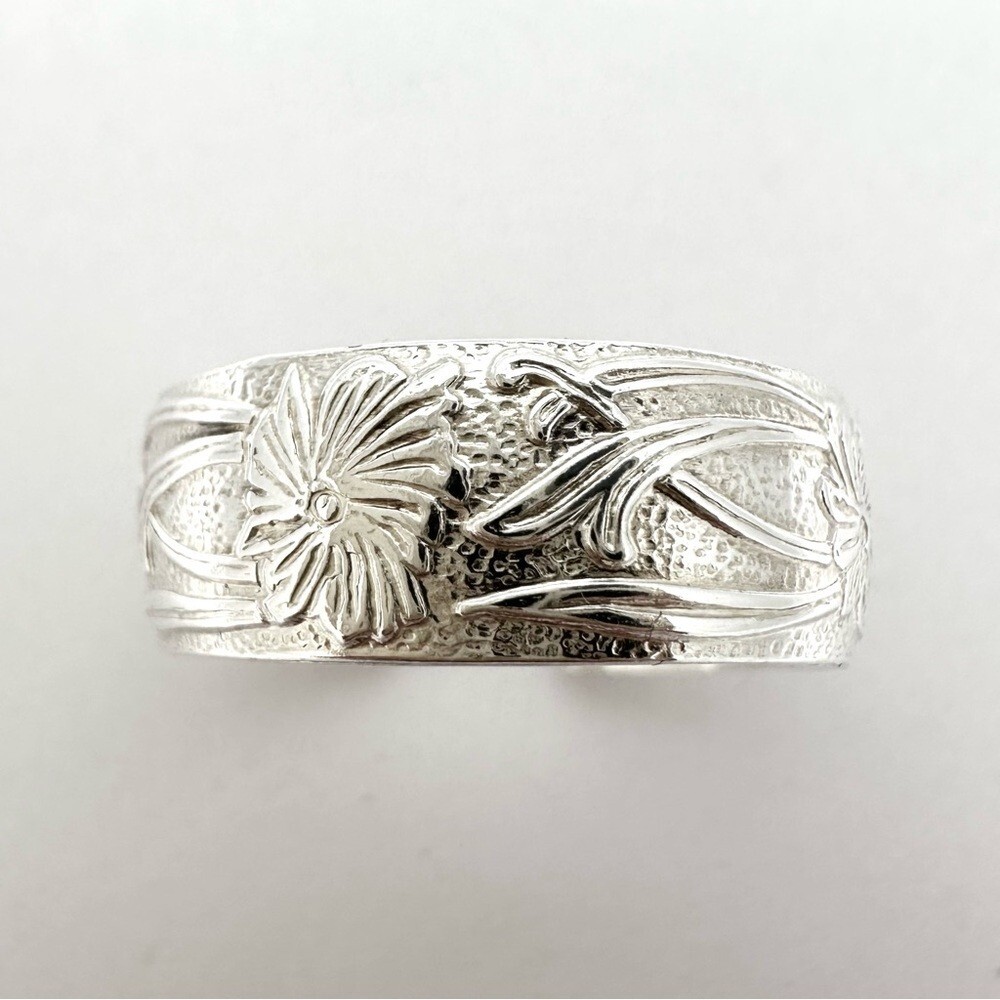 Men's Wide Band Floral Pattern Sterling Silver Ring Open Cuff - Picture 2 of 5